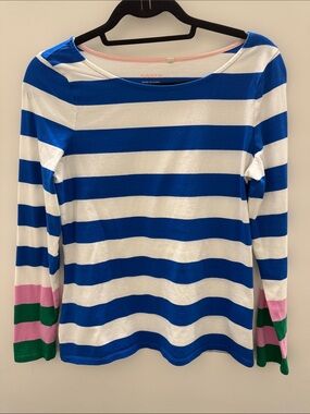 Boden Blue and White Striped Top with Pink Trim